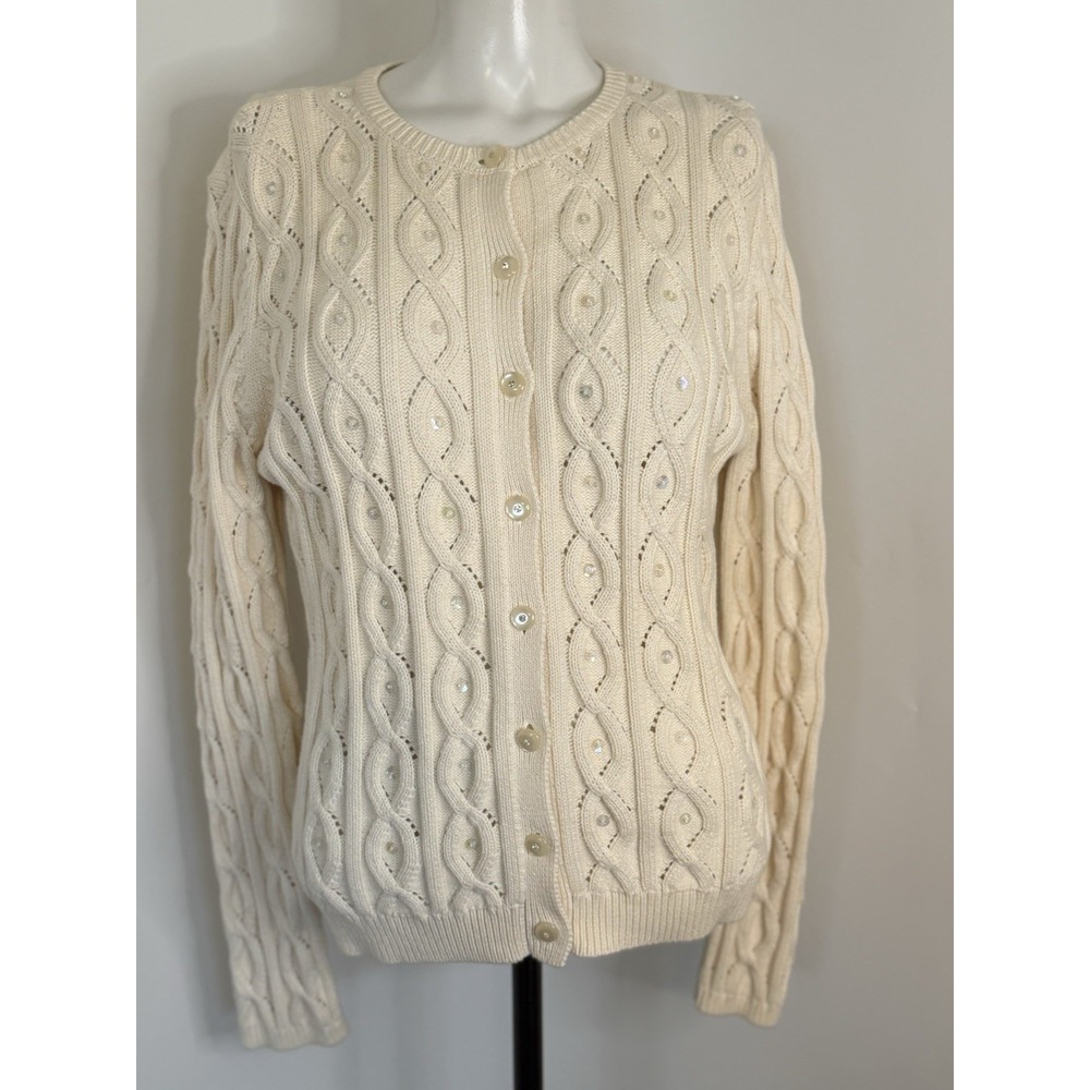 Jillian Jones Womens Cream Cable Knit Cardigan‎ Sz Large Sequin Rhinestones NWOT